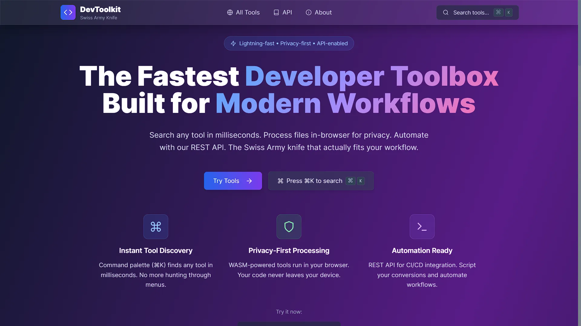 DevToolKit - Next.js developer tools platform with 30+ privacy-first utilities including code formatters and image optimizers