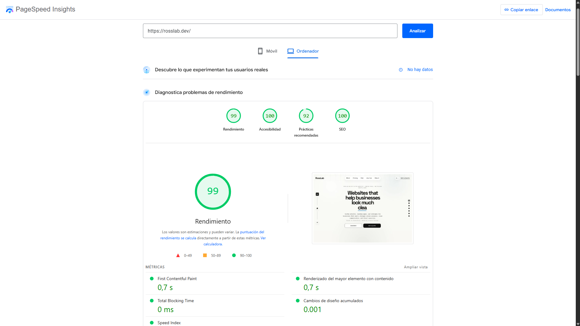 PageSpeed Insights result for rosslab.dev